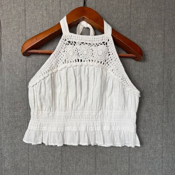 Lucky Brand White Cotton Crochet Collar Halter Neck Shirred Waist Peplum Top - Picture 4 of 13